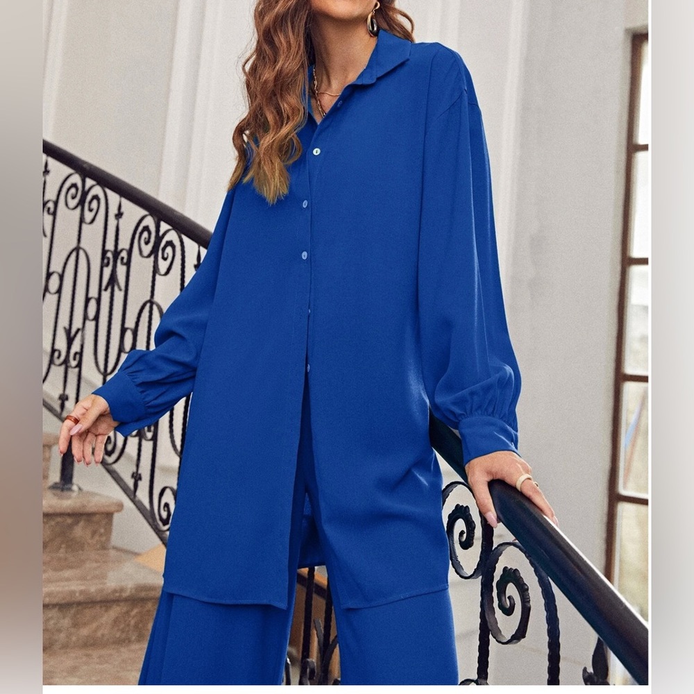 Frenchy  Drop Shoulder Button Front Blouse & Wide Leg Pants - Picture 4 of 8